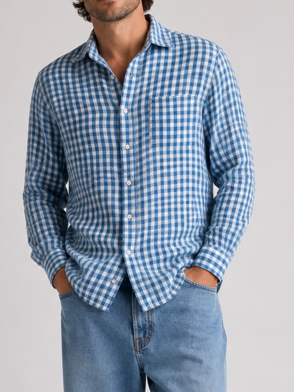 100% pure linen Jos a bank blue check gingham plaid size medium button up shirt